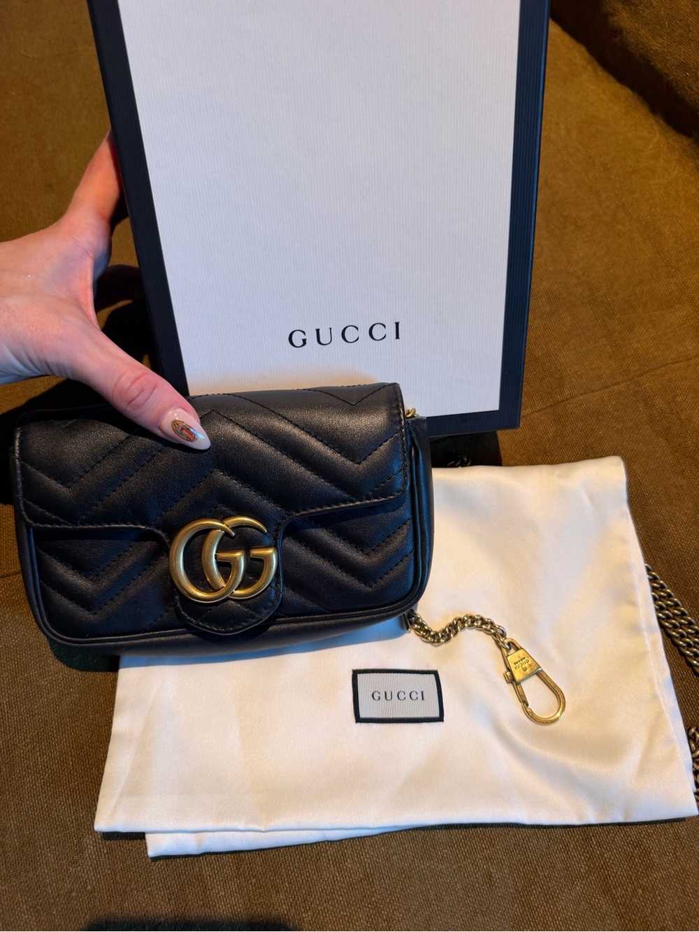 Gucci Black GG Marmont Chevron Mini Crossbody with Gold Hardware